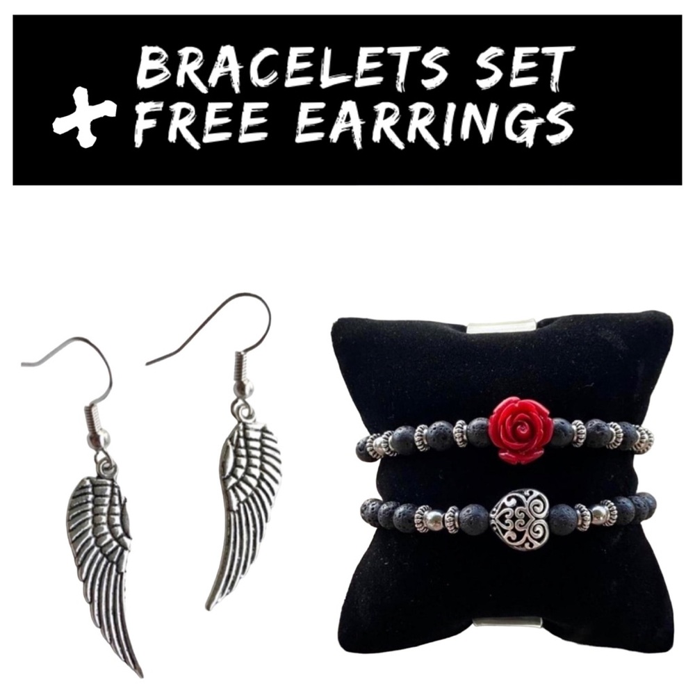 Lava rock heart & red rose bracelet set + earrings